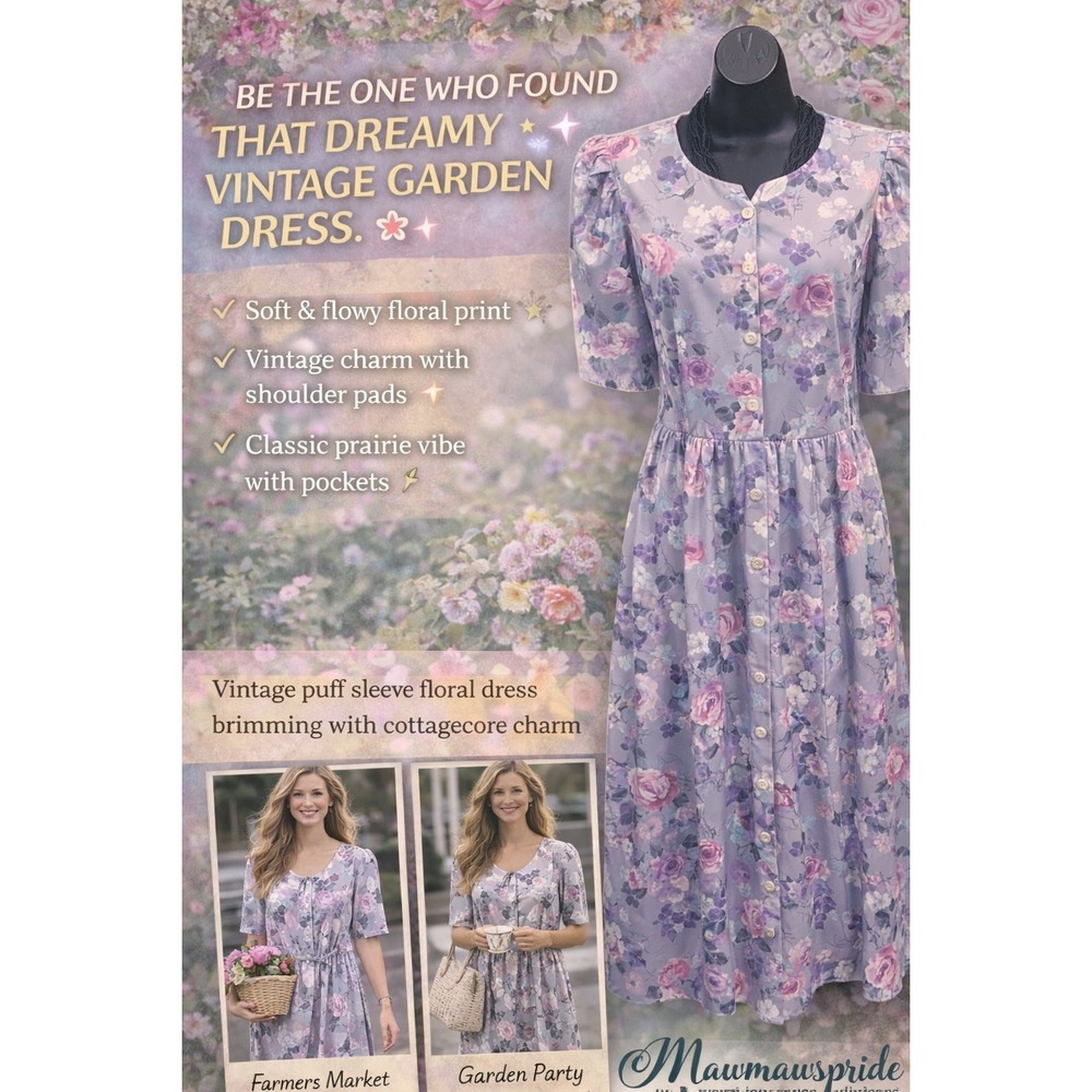 Tabby of California Vintage Floral Puff Sleeve Prairie Dress Purple Pink Size 10